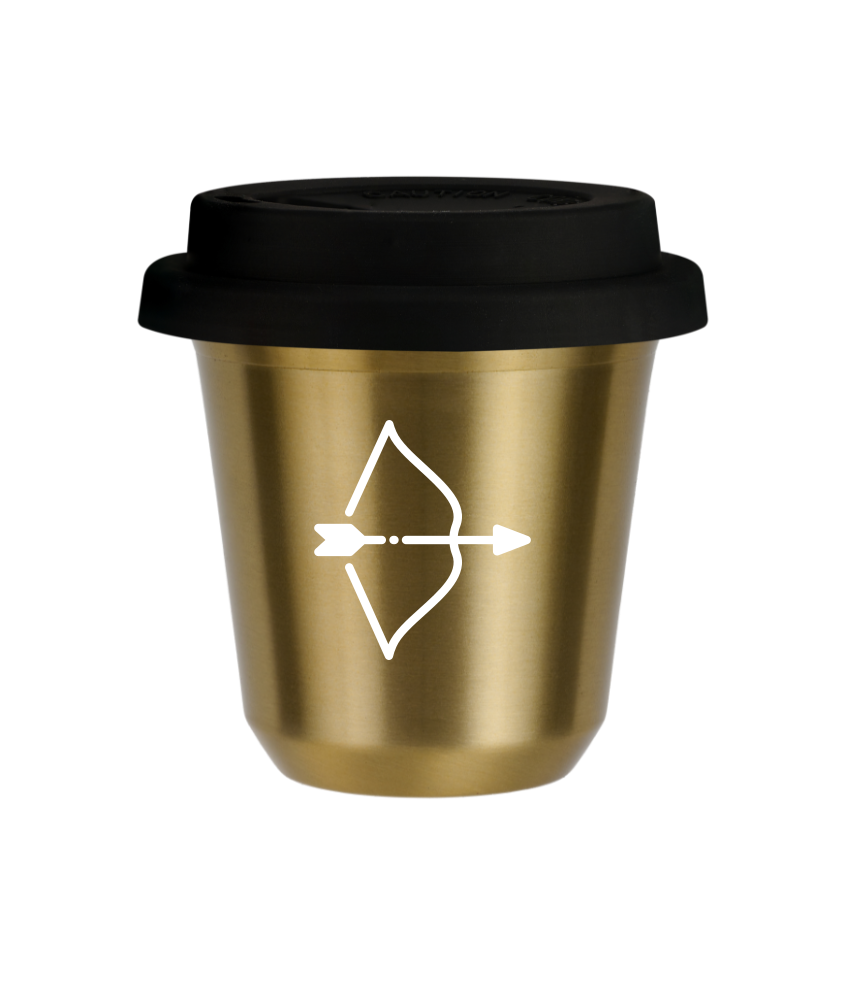 Tasse 240 ml OR "Sagittaire (blanc)", avec couvercle noir Tasse 240 ml OR "Sagittaire (blanc)", avec couvercle noir