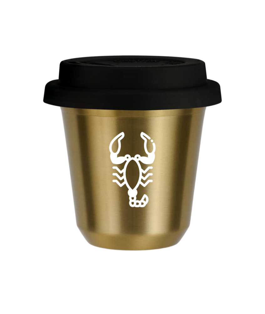 Tasse 240 ml OR "Scorpion (blanc)", avec couvercle noir