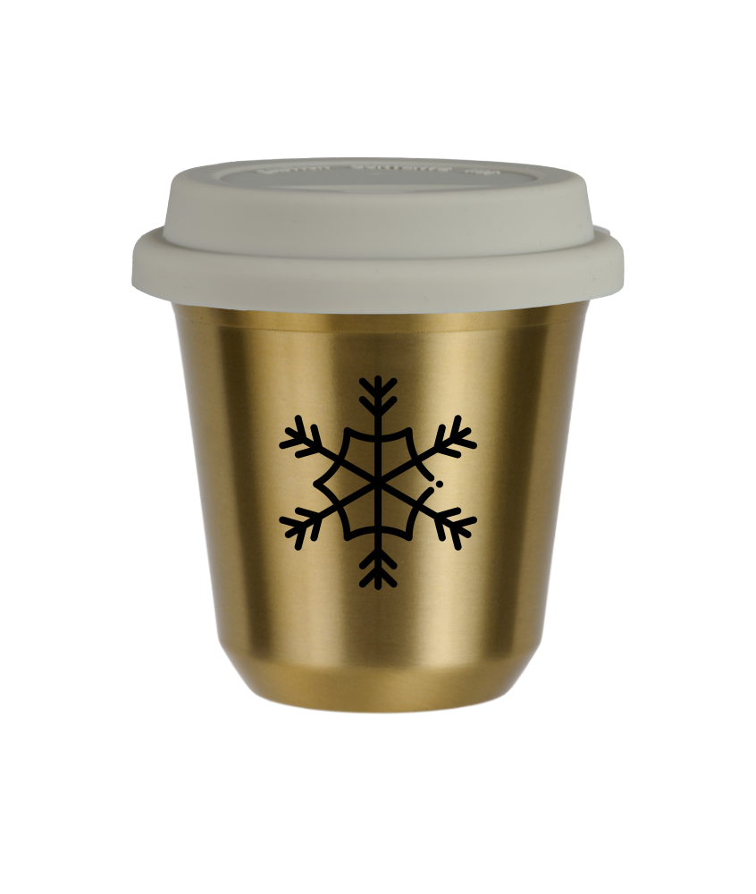 Tasse 240 ml OR "Flocon de neige (noir)", avec couvercle blanc