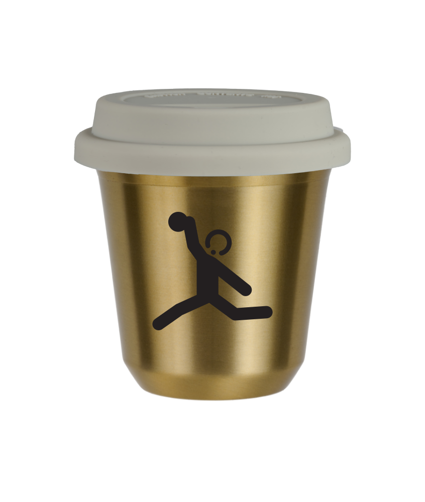 Tasse 240 ml OR "Lancer du disque (noir)", avec couvercle blanc Tasse 240 ml OR "Lancer du disque (noir)", avec couvercle blanc