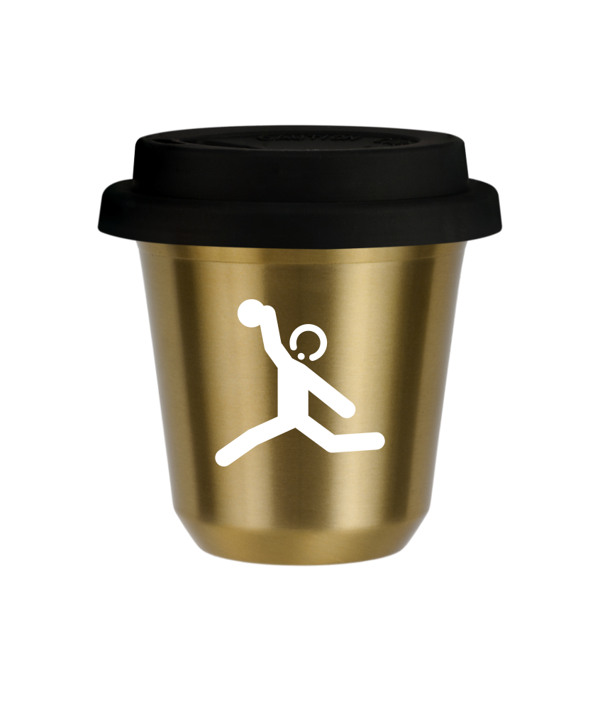 Tasse 240 ml OR "Lancer du disque (blanc)", avec couvercle noir Tasse 240 ml OR "Lancer du disque (blanc)", avec couvercle noir