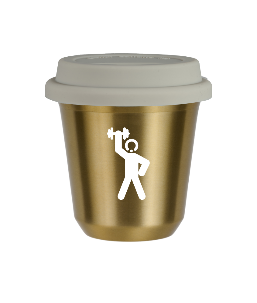 Tasse 240 ml OR "Homme fort 2 (blanc)", avec couvercle blanc