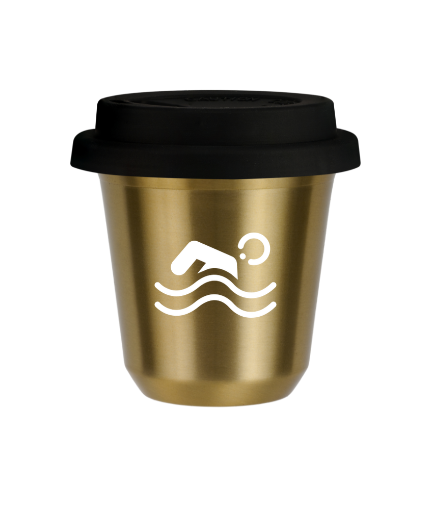 Tasse 240 ml OR "Natation (blanc)", avec couvercle noir