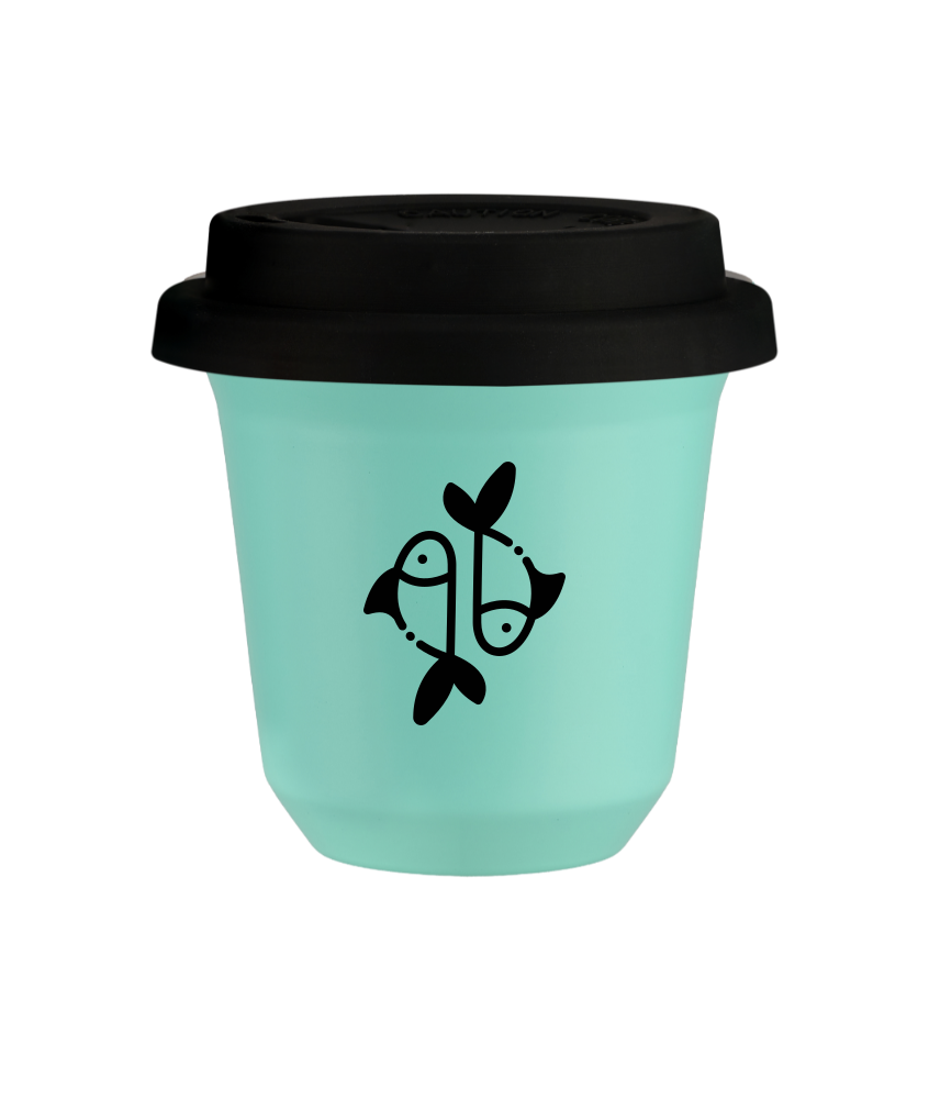 Tasse 240 ml TURQUOISE "Poissons", avec couvercle noir