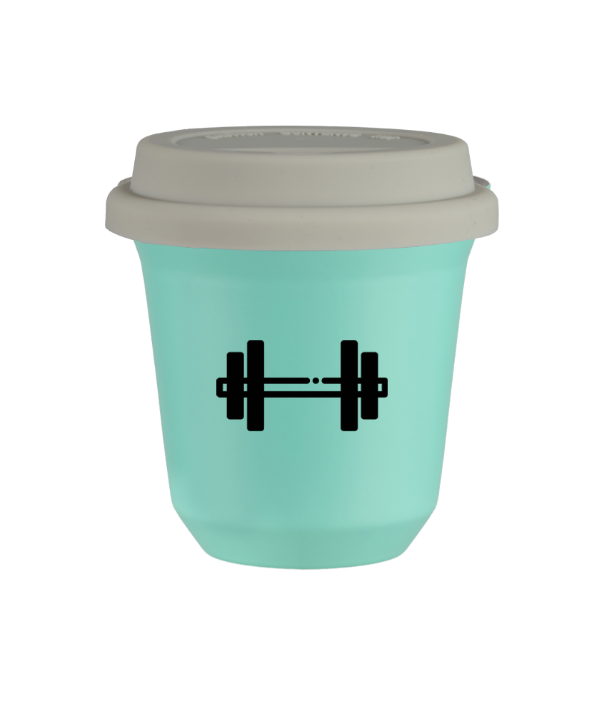 Tasse 240 ml TURQUOISE "Haltère (noir)", avec couvercle blanc
