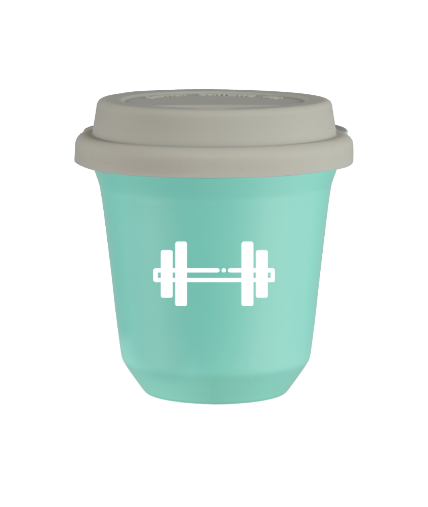 Tasse 240 ml TURQUOISE "Haltère (blanc)", avec couvercle blanc