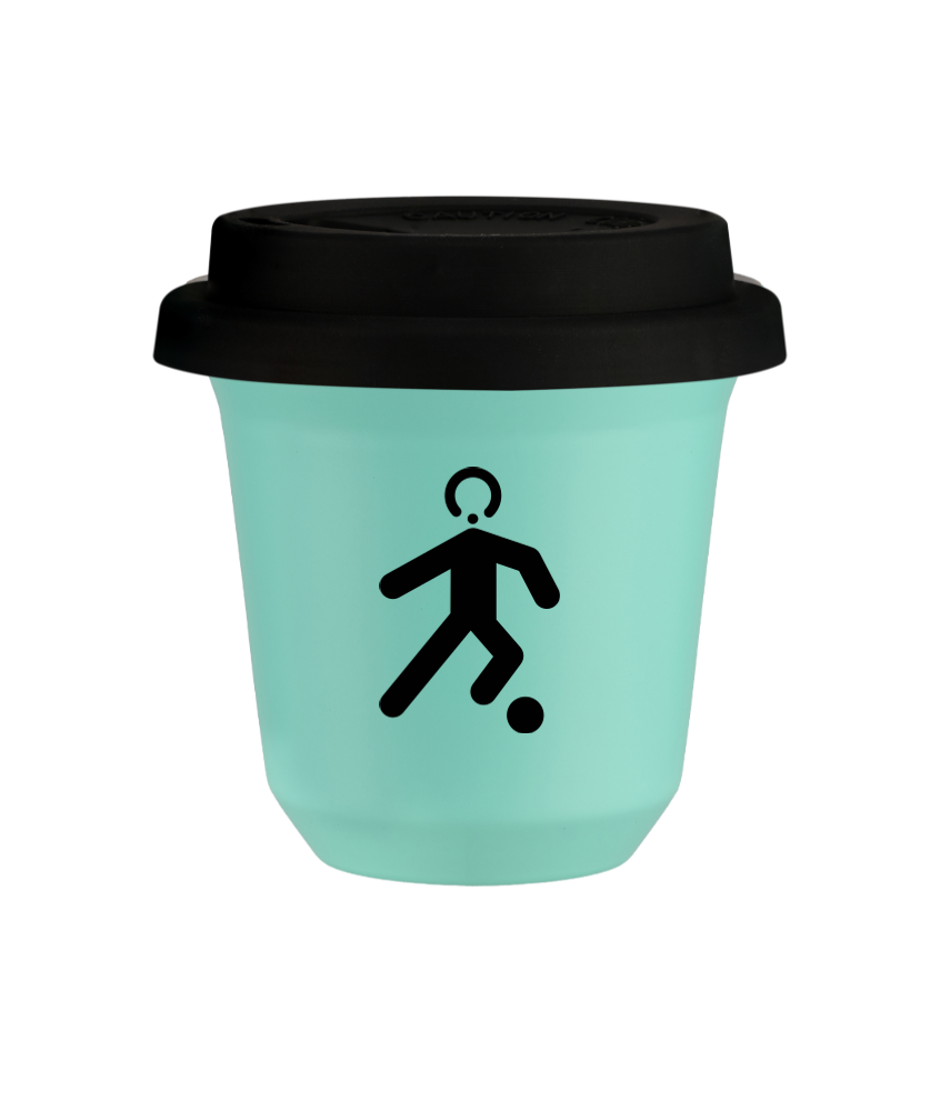 Tasse 240 ml TURQUOISE "Football (noir)", avec couvercle noir