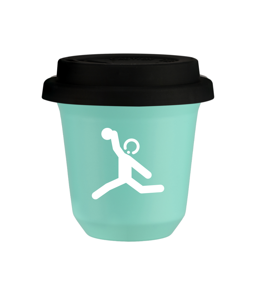 Tasse 240 ml TURQUOISE "Lancer du disque (blanc)", avec couvercle noir