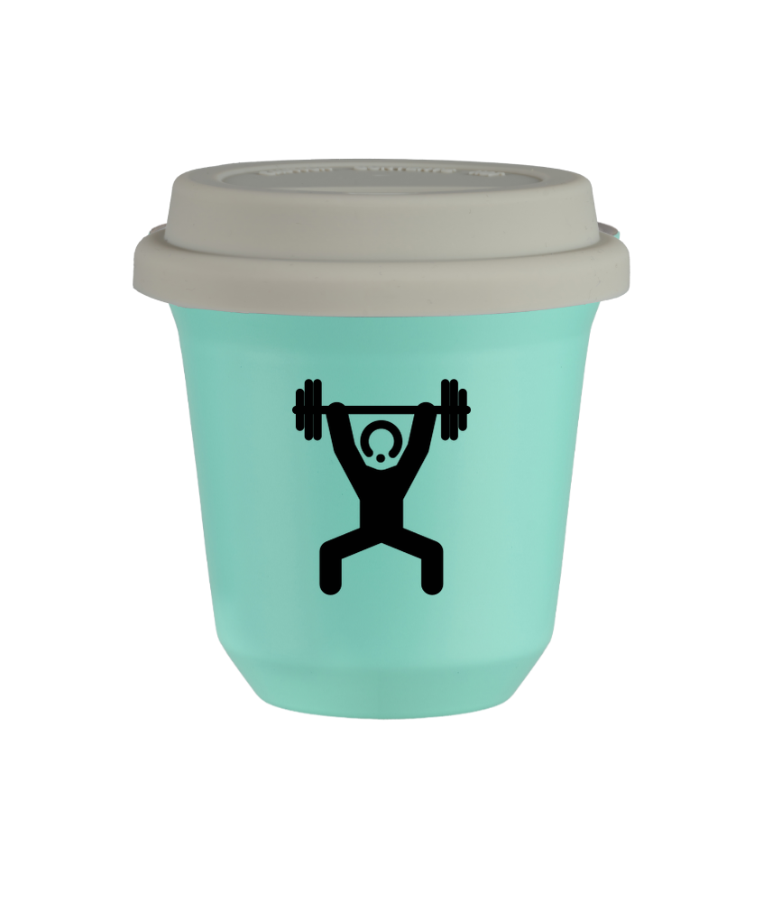 Tasse 240 ml TURQUOISE "Homme fort 1", avec couvercle blanc Tasse 240 ml TURQUOISE "Homme fort 1", avec couvercle blanc