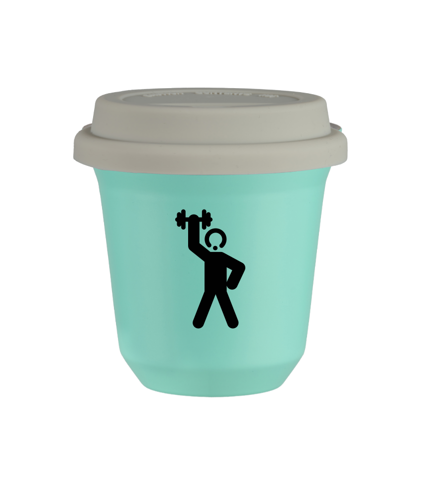 Tasse 240 ml TURQUOISE "Homme fort 2", avec couvercle blanc Tasse 240 ml TURQUOISE "Homme fort 2", avec couvercle blanc
