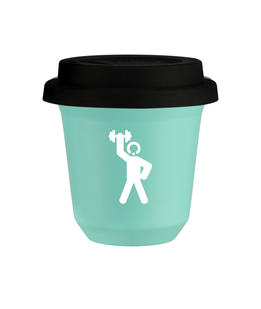 Tasse 240 ml TURQUOISE "Homme fort 2 (blanc)", avec couvercle noir Tasse 240 ml TURQUOISE "Homme fort 2 (blanc)", avec couvercle noir