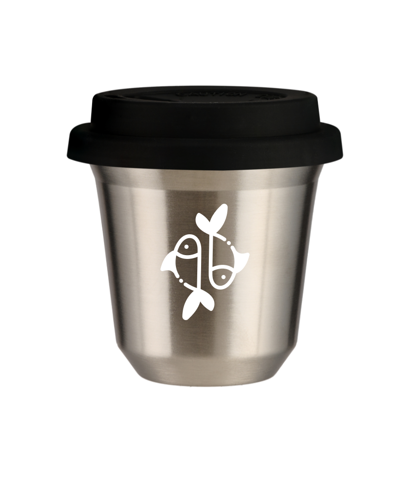 Tasse 240 ml ARGENT "Poissons (blanc)", avec couvercle noir Tasse 240 ml ARGENT "Poissons (blanc)", avec couvercle noir
