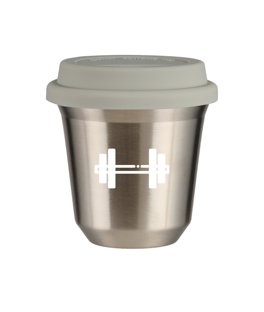 Tasse 240 ml ARGENT "Haltère (blanc)", avec couvercle blanc