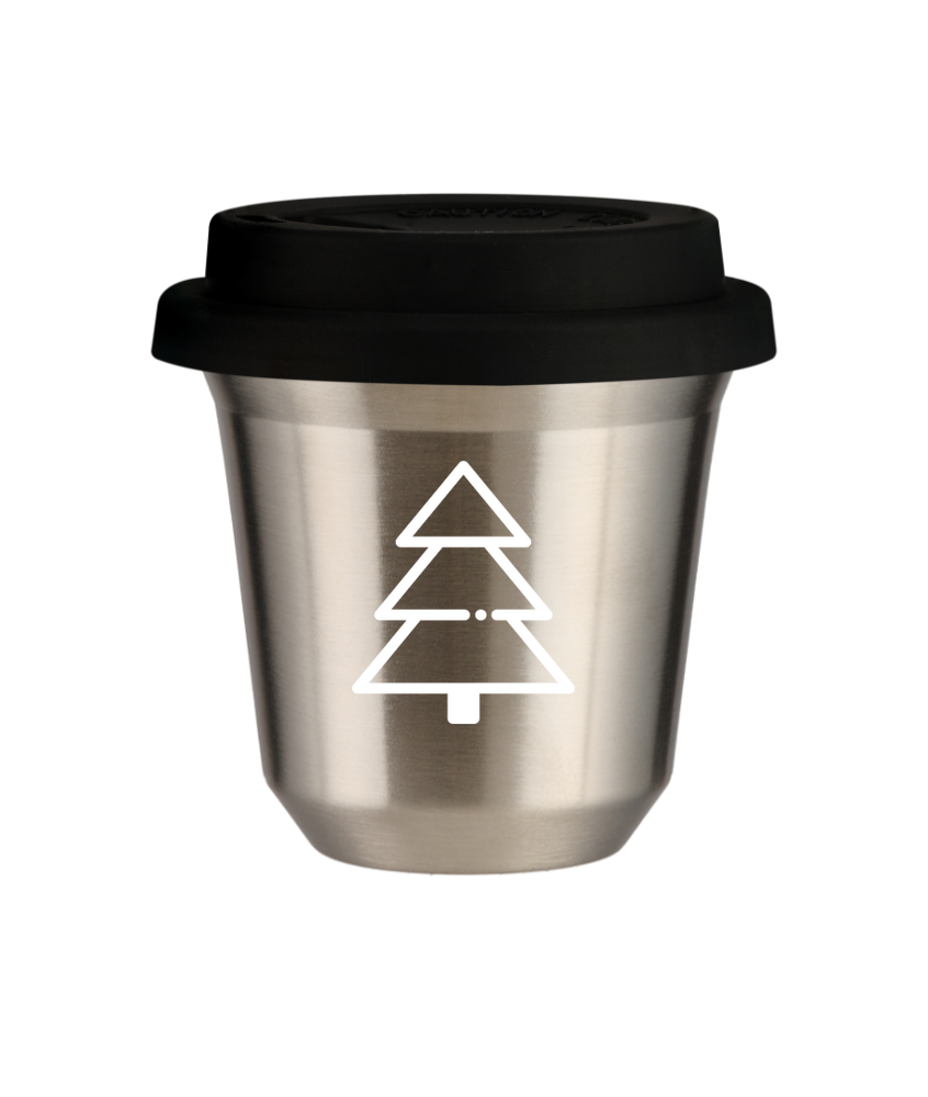 Tasse 240 ml ARGENT "Sapin de Noël (blanc)", avec couvercle noir Tasse 240 ml ARGENT "Sapin de Noël (blanc)", avec couvercle noir