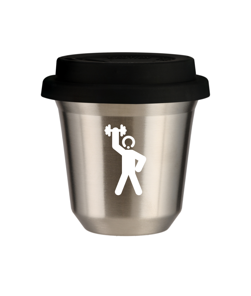 Tasse 240 ml ARGENT "Homme fort 2 (blanc)", avec couvercle noir Tasse 240 ml ARGENT "Homme fort 2 (blanc)", avec couvercle noir