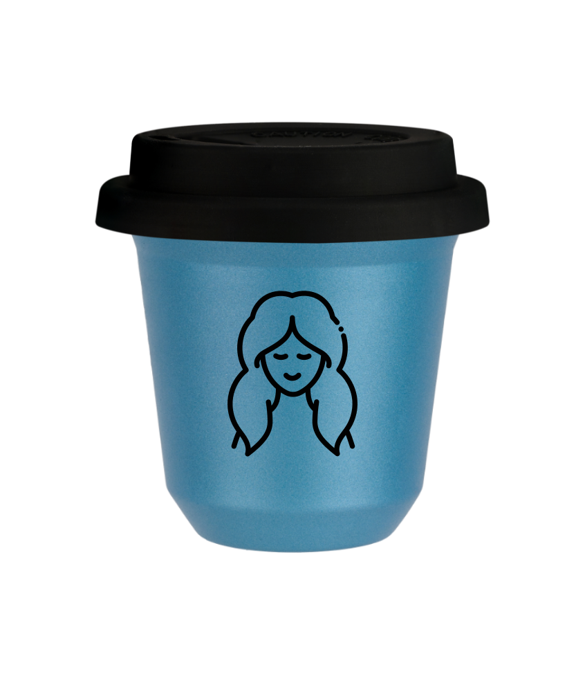 Tasse 240 ml BLEU CLAIR MÉTALLIQUE "Vierge (noir)", avec couvercle noir Tasse 240 ml BLEU CLAIR MÉTALLIQUE "Vierge (noir)", avec couvercle noir