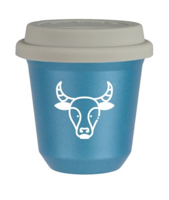 Tasse 240 ml BLEU CLAIR MÉTALLIQUE "Taureau (blanc)", avec couvercle blanc Tasse 240 ml BLEU CLAIR MÉTALLIQUE "Taureau (blanc)", avec couvercle blanc