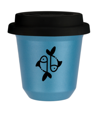 Tasse 240 ml BLEU CLAIR MÉTALLIQUE "Poissons (noir)", avec couvercle noir Tasse 240 ml BLEU CLAIR MÉTALLIQUE "Poissons (noir)", avec couvercle noir