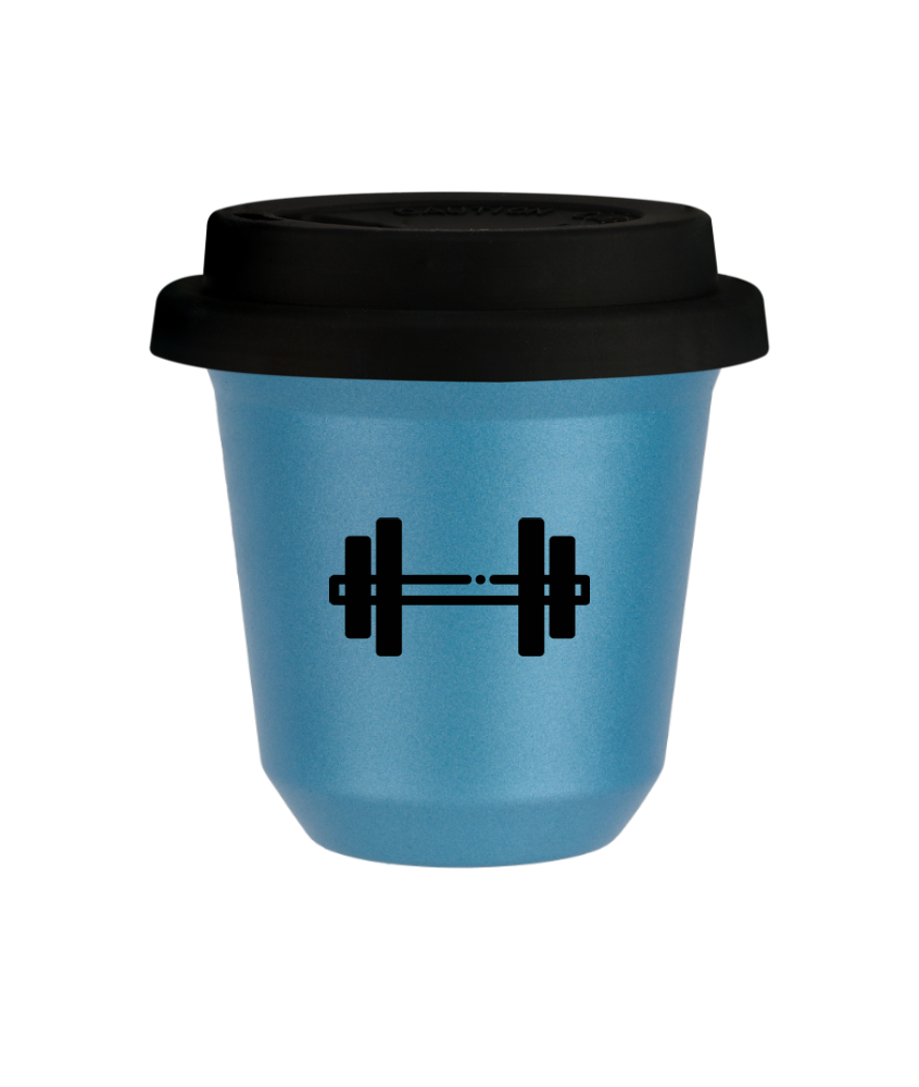 Tasse 240 ml BLEU CLAIR MÉTALLIQUE "Haltère", avec couvercle noir