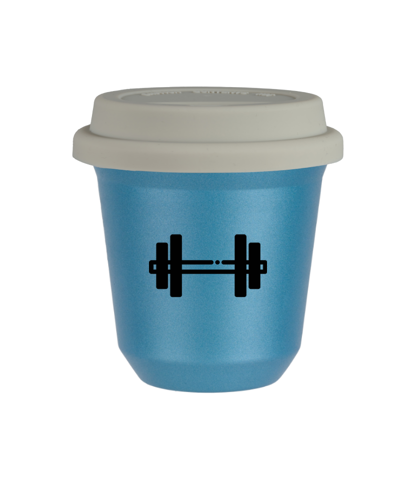 Tasse 240 ml BLEU CLAIR MÉTALLIQUE "Haltère", avec couvercle blanc