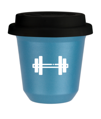 Tasse 240 ml BLEU CLAIR MÉTALLIQUE "Haltère (blanc)", avec couvercle noir Tasse 240 ml BLEU CLAIR MÉTALLIQUE "Haltère (blanc)", avec couvercle noir