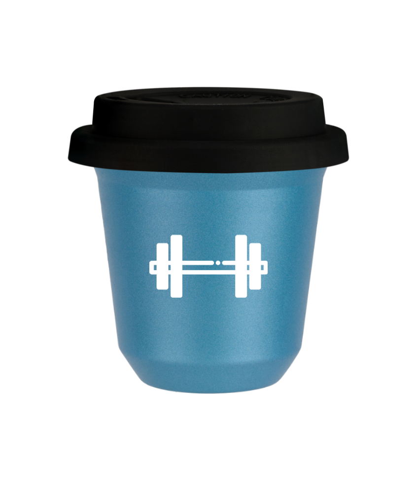 Tasse 240 ml BLEU CLAIR MÉTALLIQUE "Haltère (blanc)", avec couvercle noir Tasse 240 ml BLEU CLAIR MÉTALLIQUE "Haltère (blanc)", avec couvercle noir