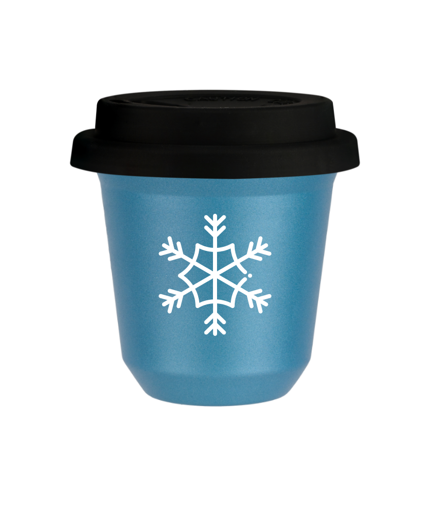 Tasse 240 ml BLEU CLAIR MÉTALLIQUE "Flocon de neige (blanc)", avec couvercle noir Tasse 240 ml BLEU CLAIR MÉTALLIQUE "Flocon de neige (blanc)", avec couvercle noir