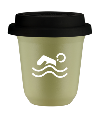 Tasse 80 ml PISTACHE "Natation (blanc)", avec couvercle noir Tasse 80 ml PISTACHE "Natation (blanc)", avec couvercle noir