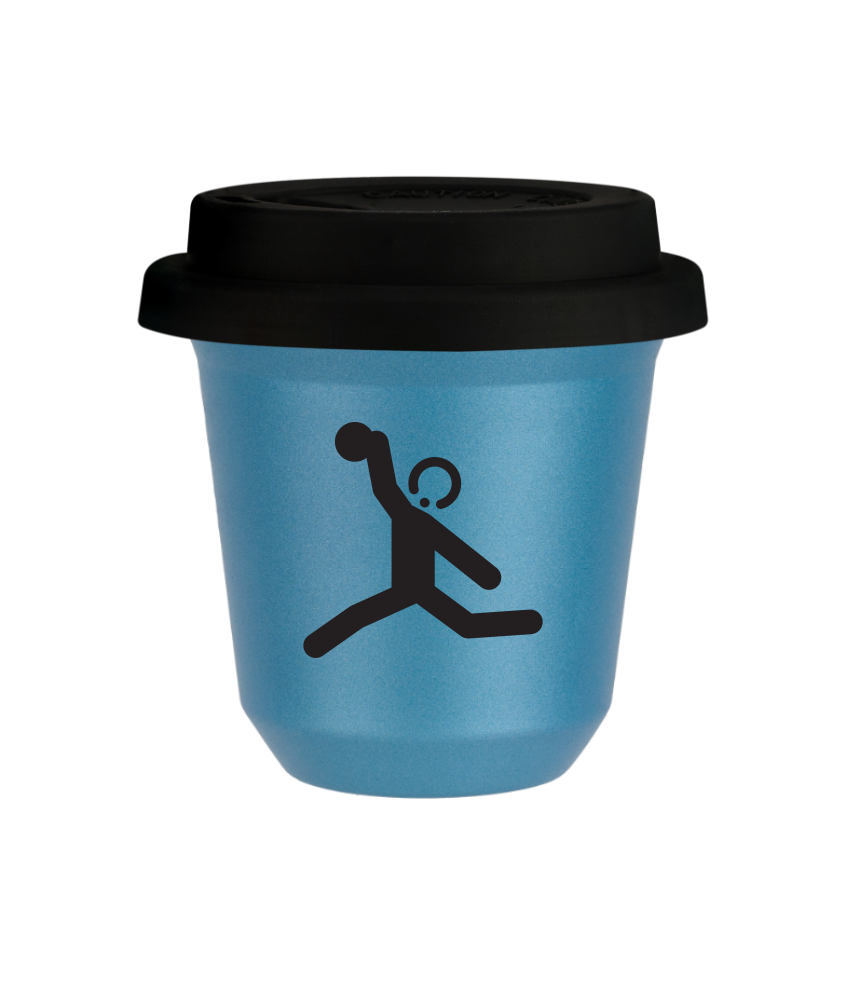 Tasse 240 ml BLEU CLAIR MÉTALLIQUE "Lancer du disque", avec couvercle noir