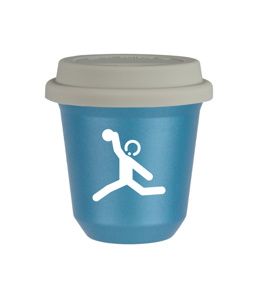 Tasse 240 ml BLEU CLAIR MÉTALLIQUE "Lancer du disque (blanc)", avec couvercle blanc Tasse 240 ml BLEU CLAIR MÉTALLIQUE "Lancer du disque (blanc)", avec couvercle blanc