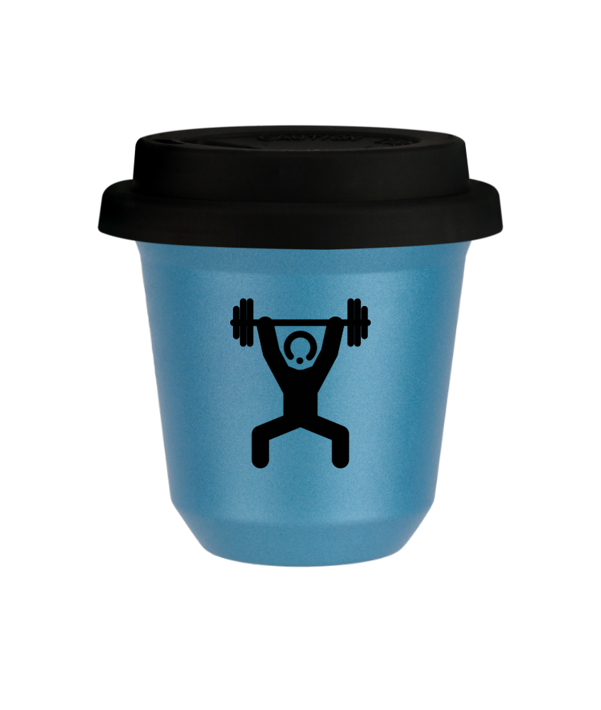 Tasse 240 ml BLEU CLAIR MÉTALLIQUE "Homme fort 1", avec couvercle noir Tasse 240 ml BLEU CLAIR MÉTALLIQUE "Homme fort 1", avec couvercle noir