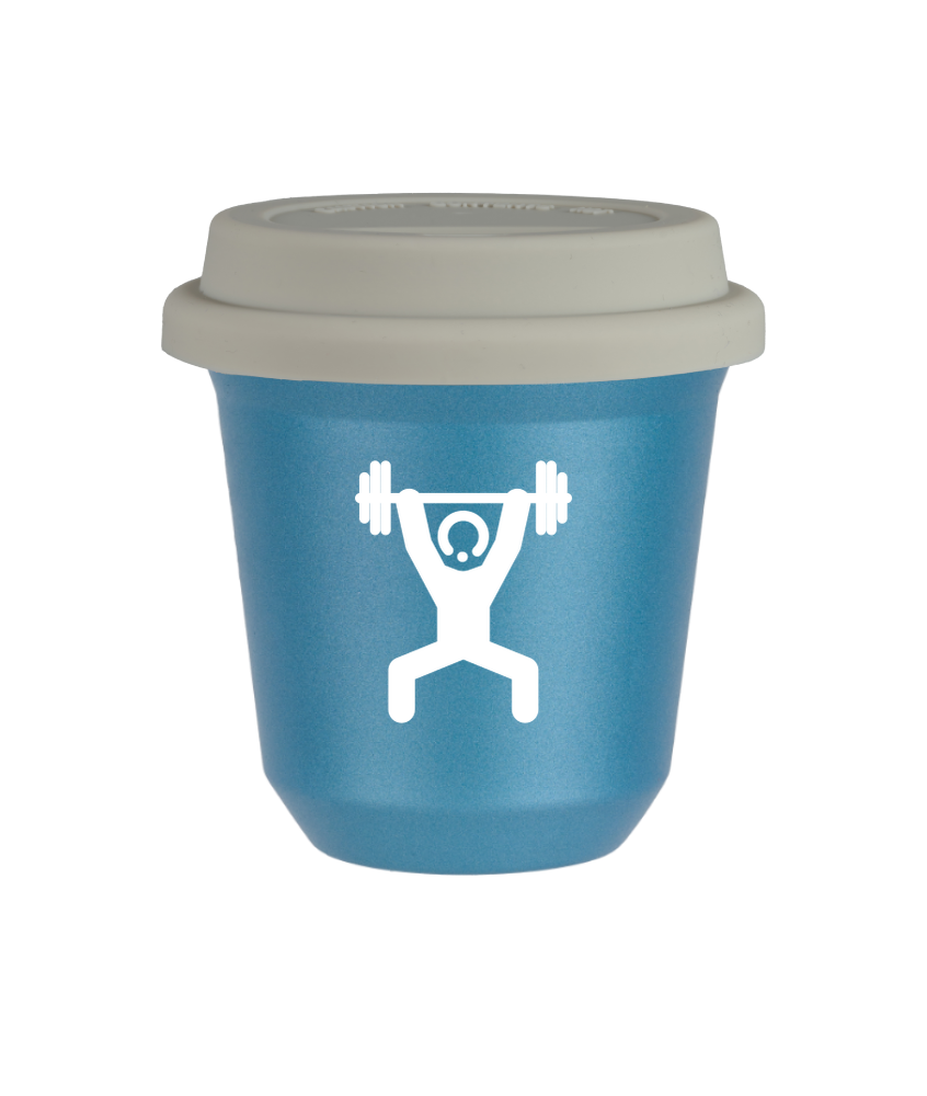 Tasse 240 ml BLEU CLAIR MÉTALLIQUE "Homme fort 1 (blanc)", avec couvercle blanc