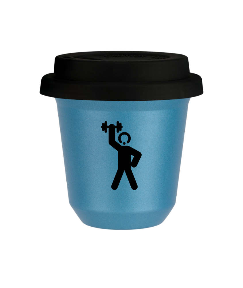 Tasse 240 ml BLEU CLAIR MÉTALLIQUE "Homme fort 2 (noir)", avec couvercle noir Tasse 240 ml BLEU CLAIR MÉTALLIQUE "Homme fort 2 (noir)", avec couvercle noir
