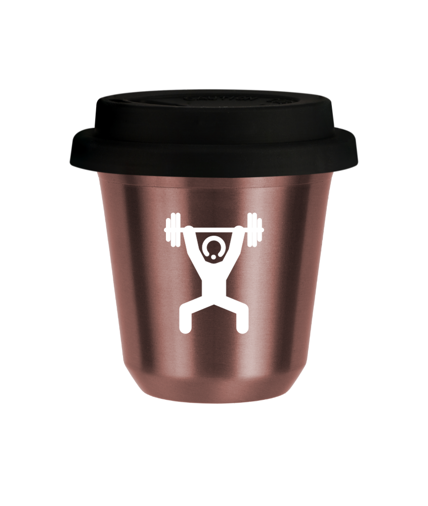 Tasse 240 ml OR ROSE "Homme fort 1 (blanc)", avec couvercle noir Tasse 240 ml OR ROSE "Homme fort 1 (blanc)", avec couvercle noir