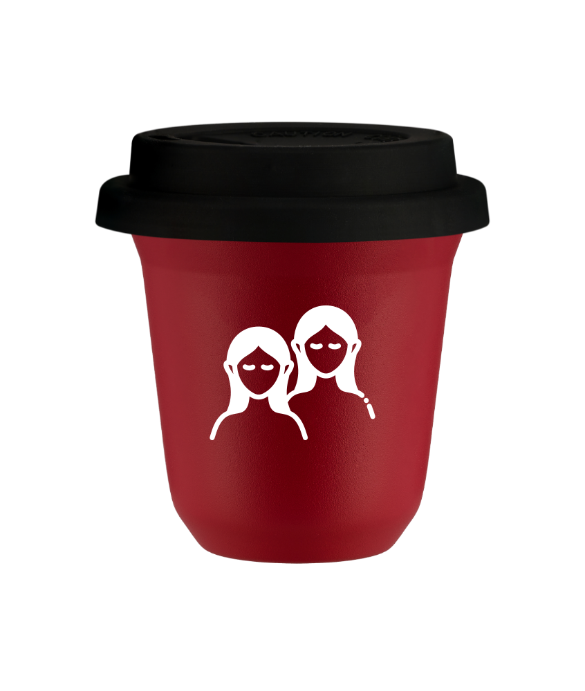 Tasse 240 ml ROUGE "Gémeaux (blanc)", avec couvercle noir