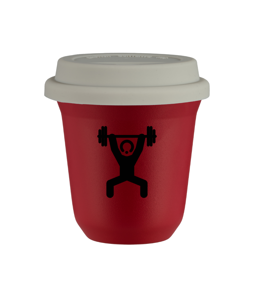 Tasse 240 ml ROUGE "Homme fort 1", avec couvercle blanc