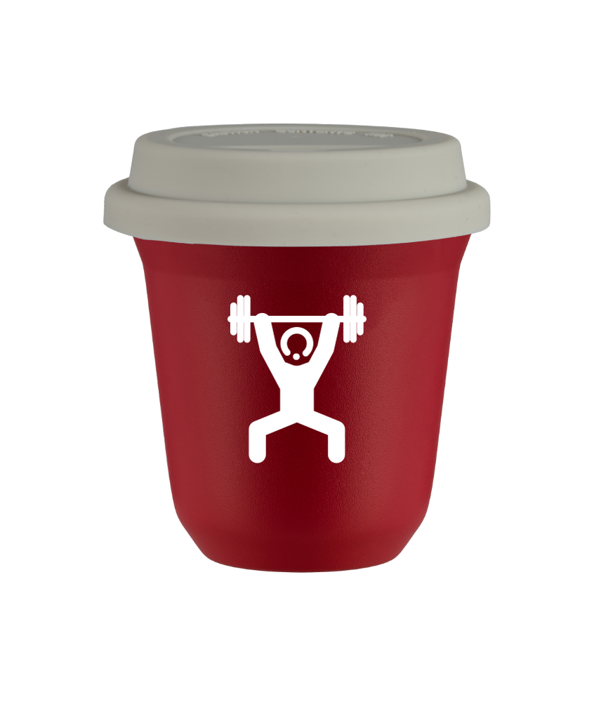 Tasse 240 ml ROUGE "Homme fort 1 (blanc)", avec couvercle blanc
