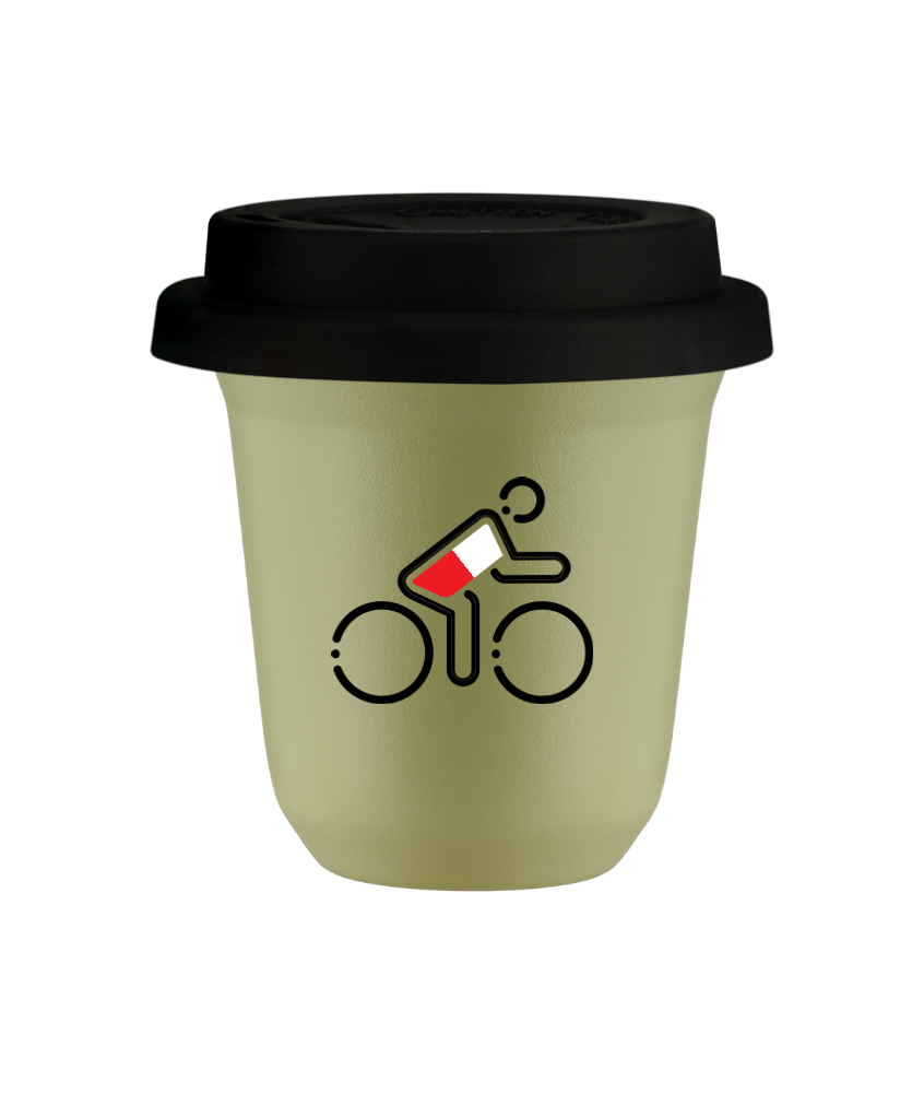 Tasse 80 ml PISTACHE "Cycliste aux couleurs polonaises (noir)", avec couvercle noir
