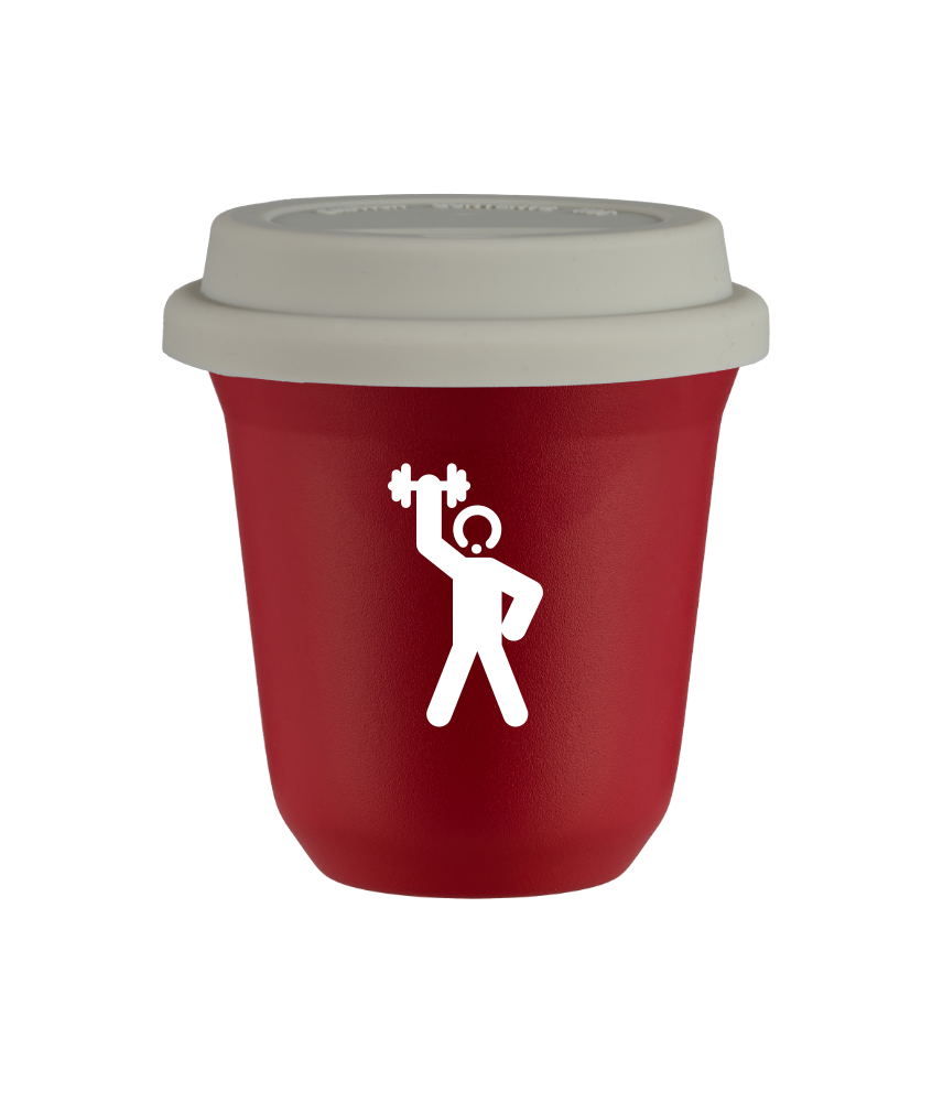 Tasse 240 ml ROUGE "Homme fort 2 (blanc)", avec couvercle blanc Tasse 240 ml ROUGE "Homme fort 2 (blanc)", avec couvercle blanc