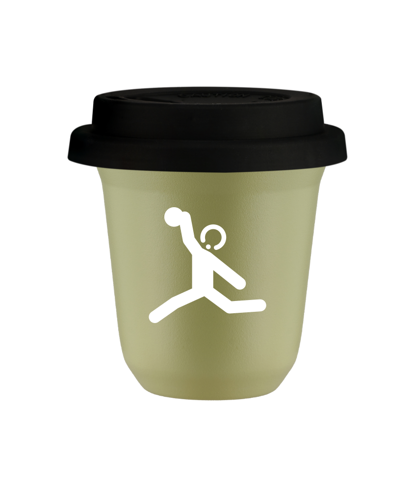 Tasse 240 ml PISTACHE "Lancer du disque (blanc)", avec couvercle noir