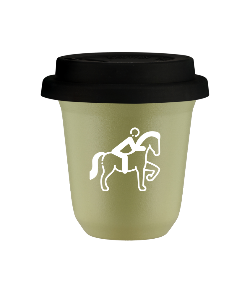 Tasse 80 ml PISTACHE "Équitation 2 (blanc)", avec couvercle noir
