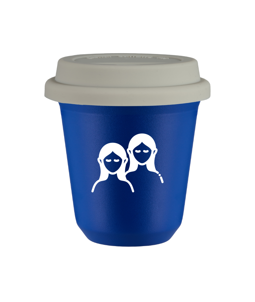 Tasse 240 ml BLEU "Gémeaux (blanc)", avec couvercle blanc