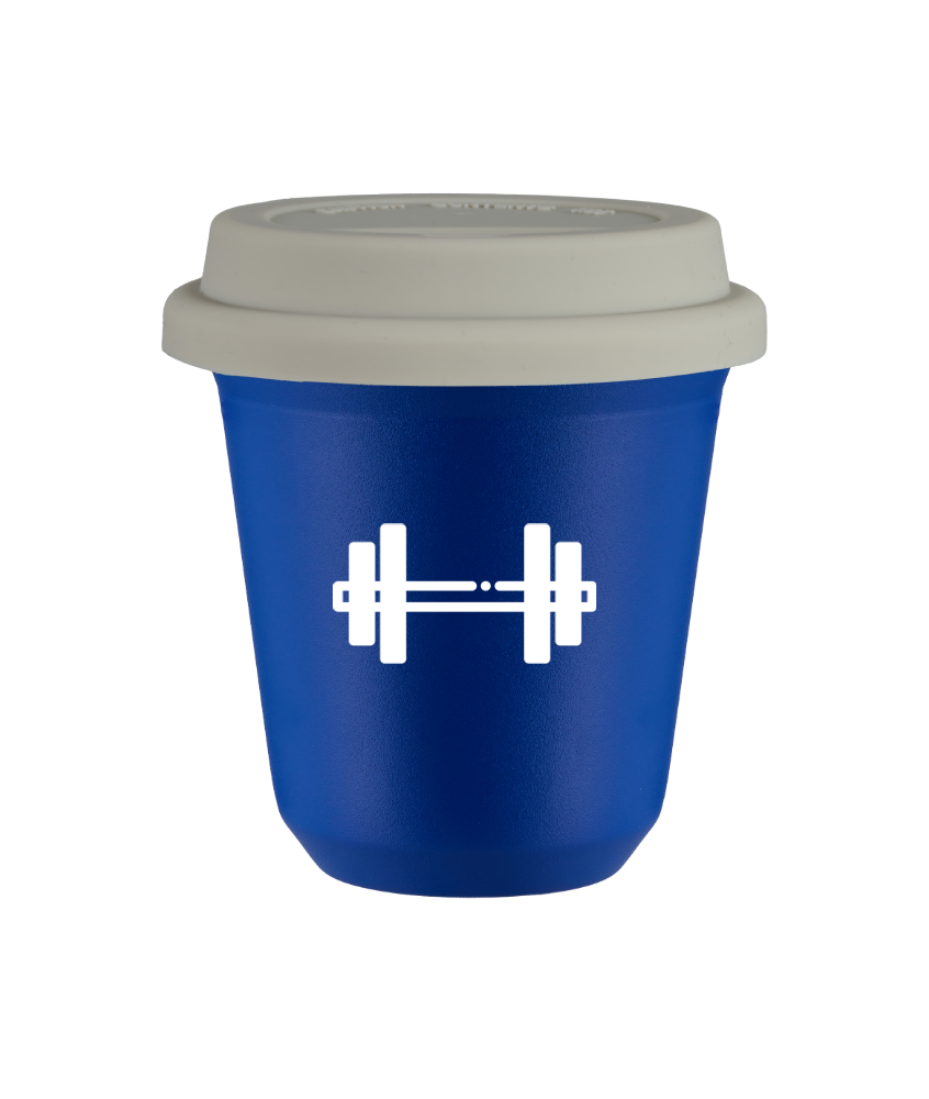 Tasse 240 ml BLEU "Haltère (blanc)", avec couvercle blanc Tasse 240 ml BLEU "Haltère (blanc)", avec couvercle blanc