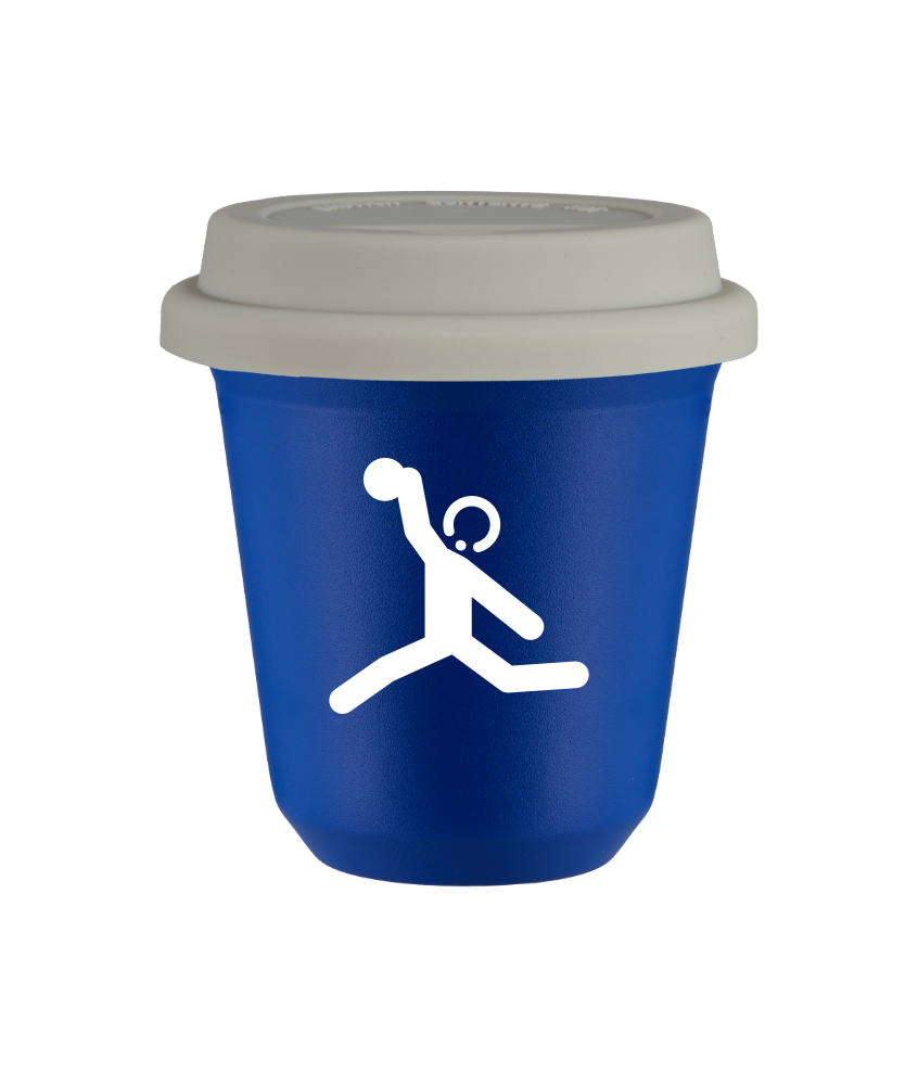 Tasse 240 ml BLEU "Lancer du disque (blanc)", avec couvercle blanc