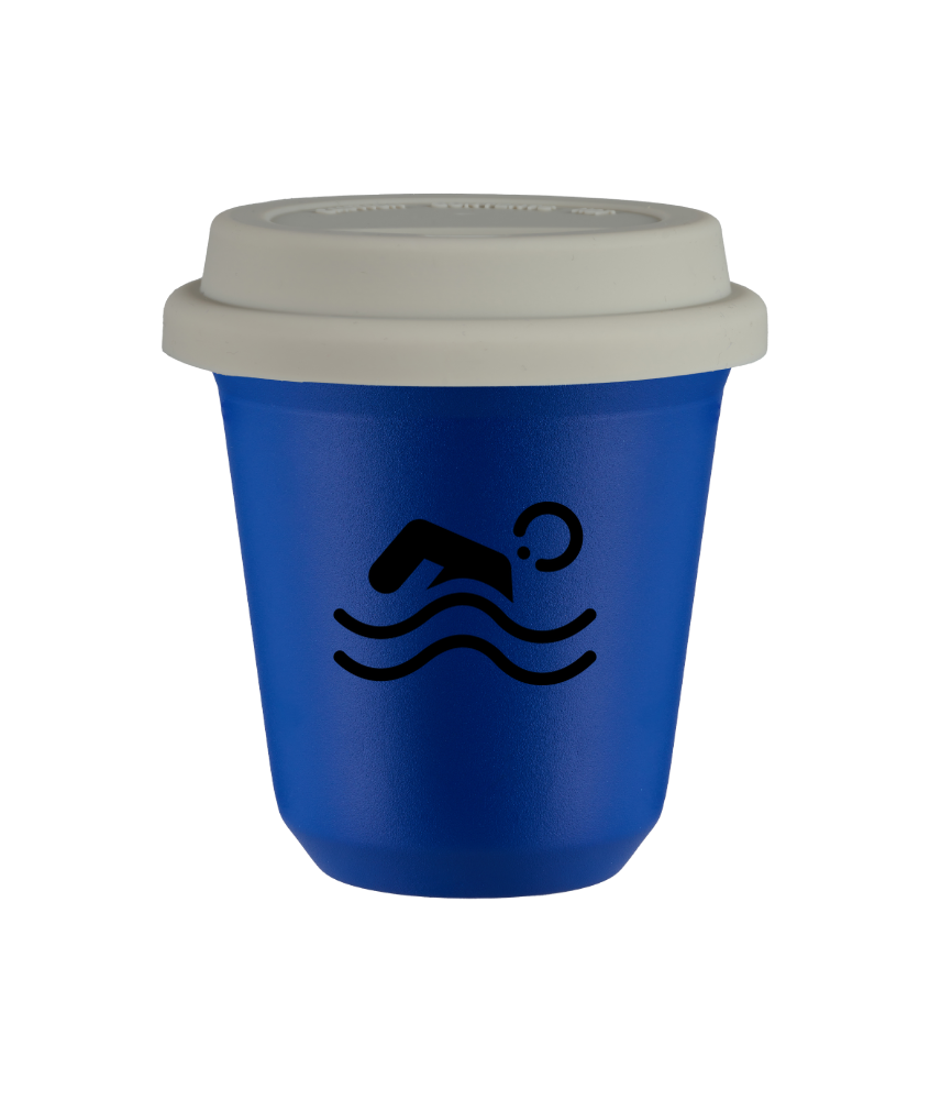 Tasse 240 ml BLEU "Natation", avec couvercle blanc