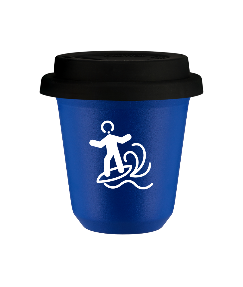 Tasse 240 ml BLEU "Planche à voile (blanc)", avec couvercle noir