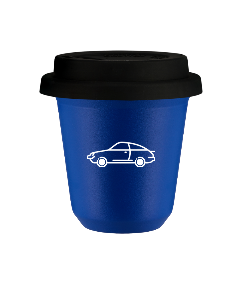 Tasse 240 ml BLEU "Voiture (blanc)", avec couvercle noir Tasse 240 ml BLEU "Voiture (blanc)", avec couvercle noir