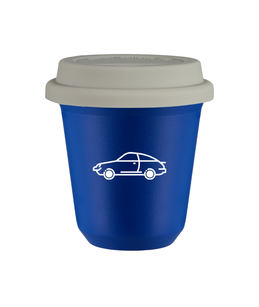 Tasse 240 ml BLEU "Voiture (blanc)", avec couvercle blanc