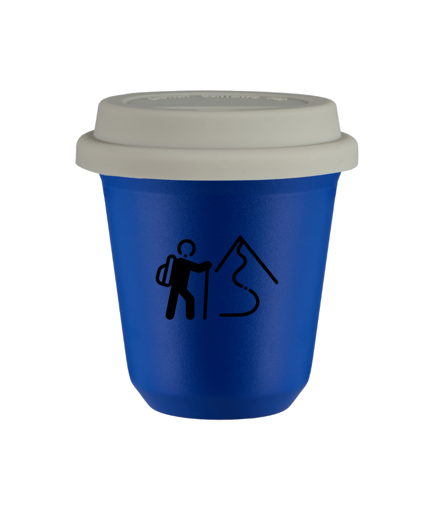 Tasse 240 ml BLEU "Escalade 2", avec couvercle blanc Tasse 240 ml BLEU "Escalade 2", avec couvercle blanc