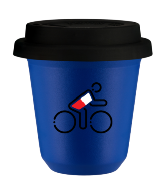 Tasse 240 ml BLEU "Cycliste aux couleurs polonaises", avec couvercle noir Tasse 240 ml BLEU "Cycliste aux couleurs polonaises", avec couvercle noir
